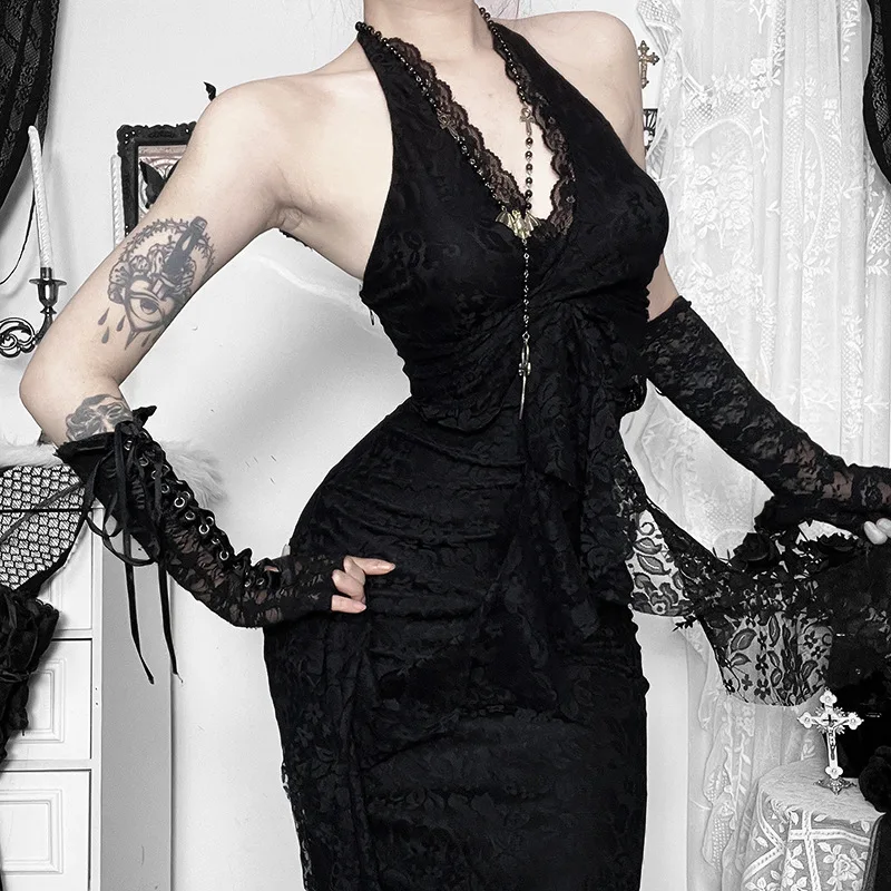 Cyber Y2K Partywear – robe Harajuku en dentelle, col licou, gothique, ourlet plissé, moulante, taille haute, Slim, vêtements d'enseignement