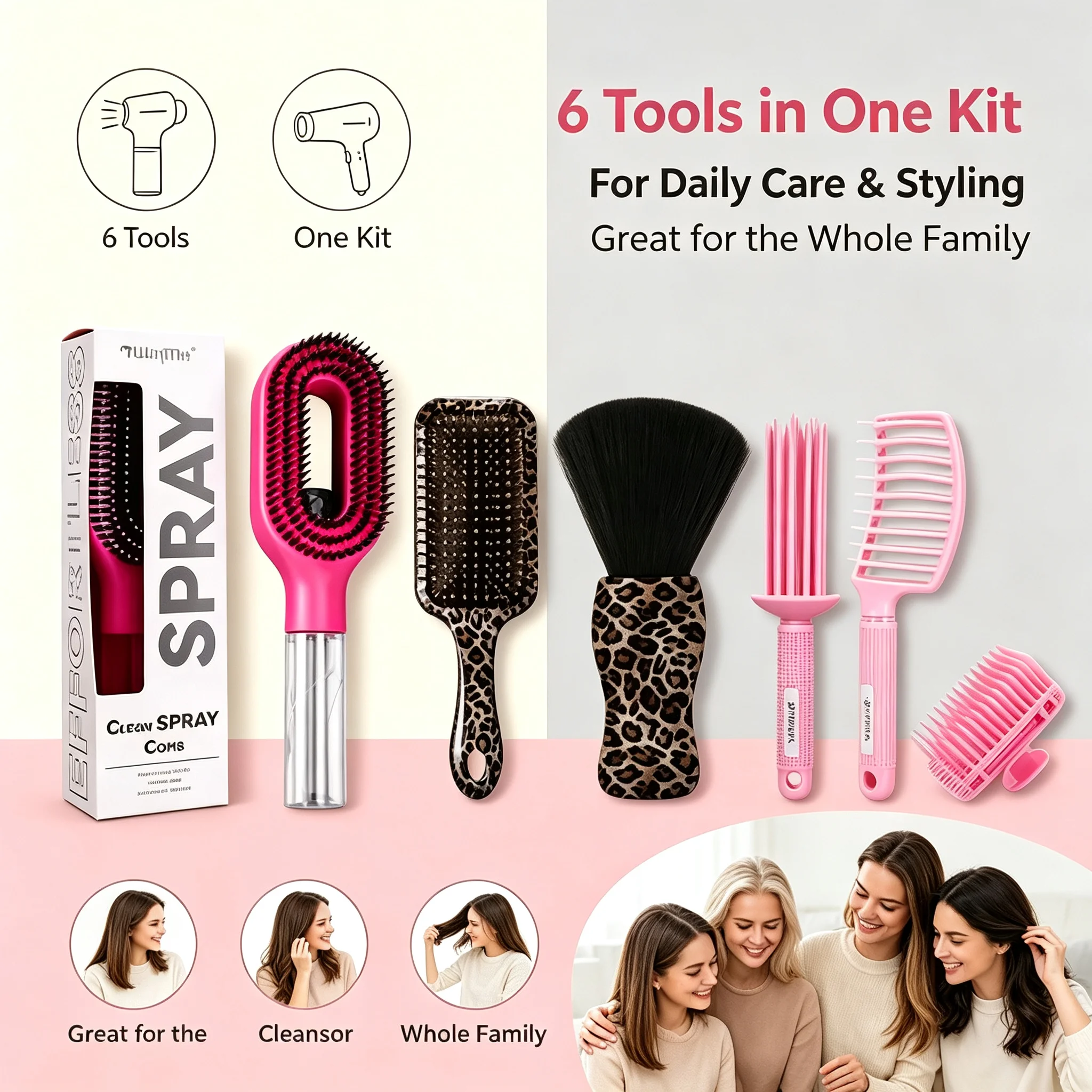 Leopard Print & Pink Hair Styling Tools Set, Spray Cleaning Comb, Air Cushion Massage Brush, Neck Duster Brush, Multi Hair Combs Kit for Salon Hairdressing view 3