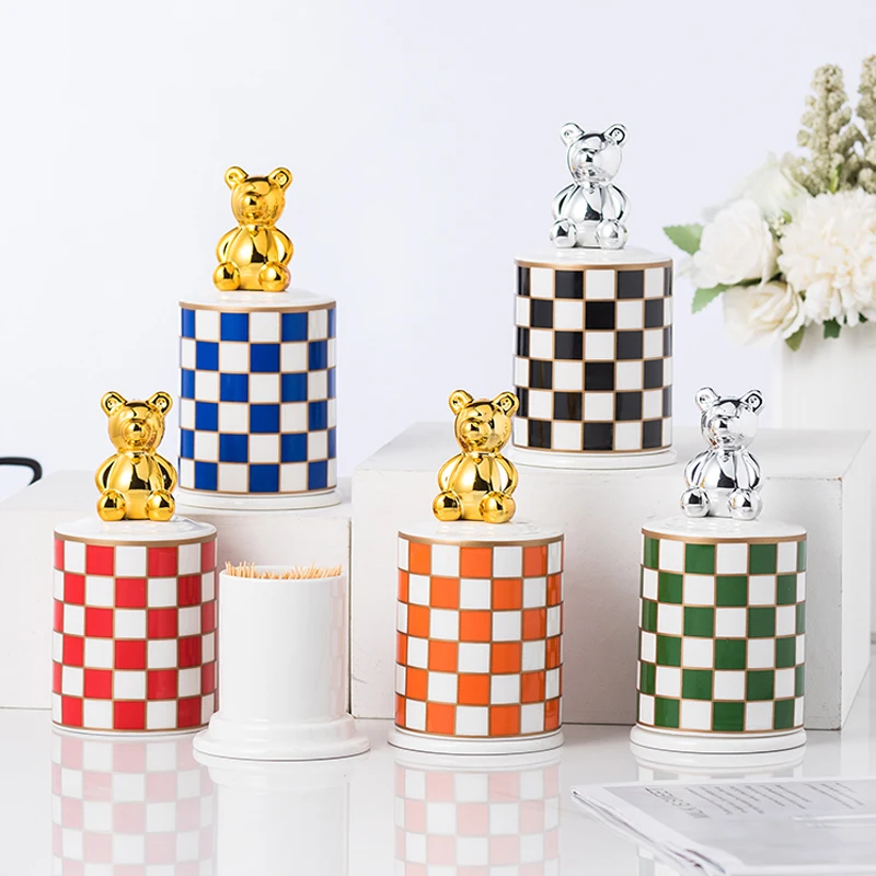 

Checkerboard Ceramic Toothpick Box Creative Toothpick Box Storage Light Luxury Cotton Swab Tube Cotton Swab Jar Home Restaurant