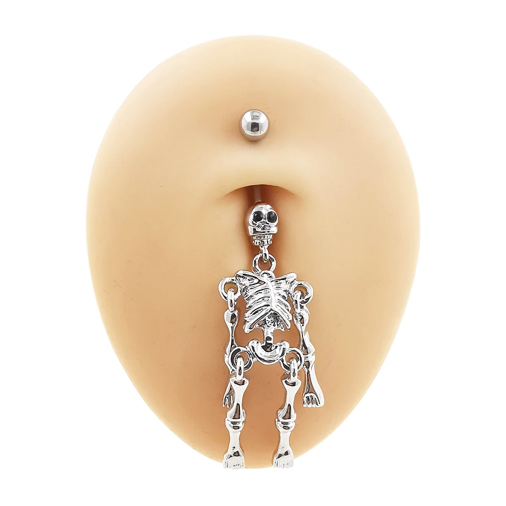 JHJT 1pc 14G Skull Belly Button Rings Stainless Steel Zirconia Dangle Skeleton Body Navel Belly Rings Piercing Jewelry