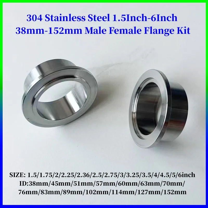 

304 Stainless Steel Exhaust Pipe Male Female Flange Kit 1.5Inch-6Inch ID38mm-152mm Exhaust Pipe Vband Clamp Male Female Flange