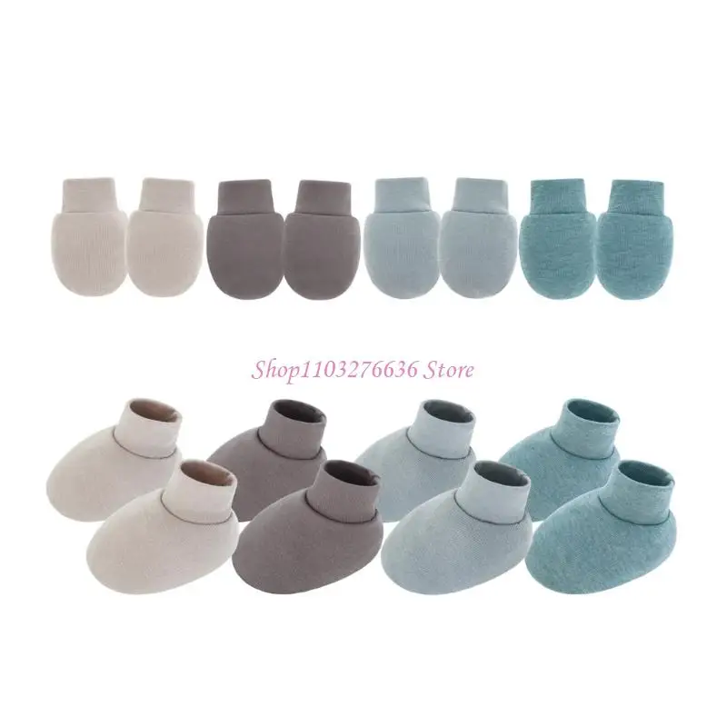R6FD 4 Set Newborns Baby Hand and Foot Protectors Cotton Anti Scratch Mittens Color Gloves with Elastic Socks