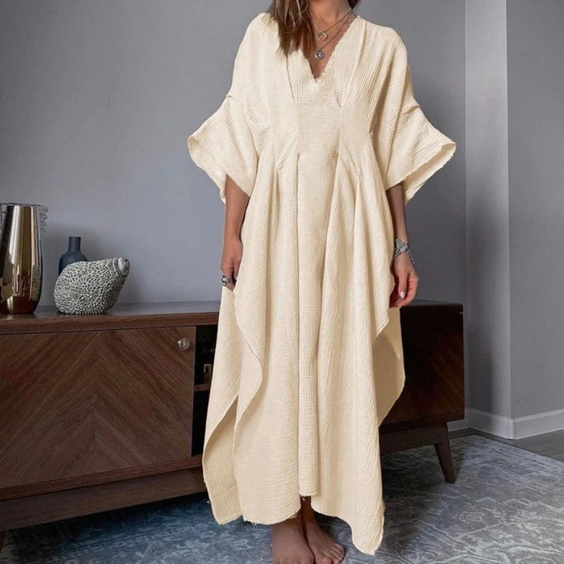 

2025 Spring and Autumn Cotton Wrinkled V-neck Blouse Long Skirt Loose Breathable Dress Women's Dress