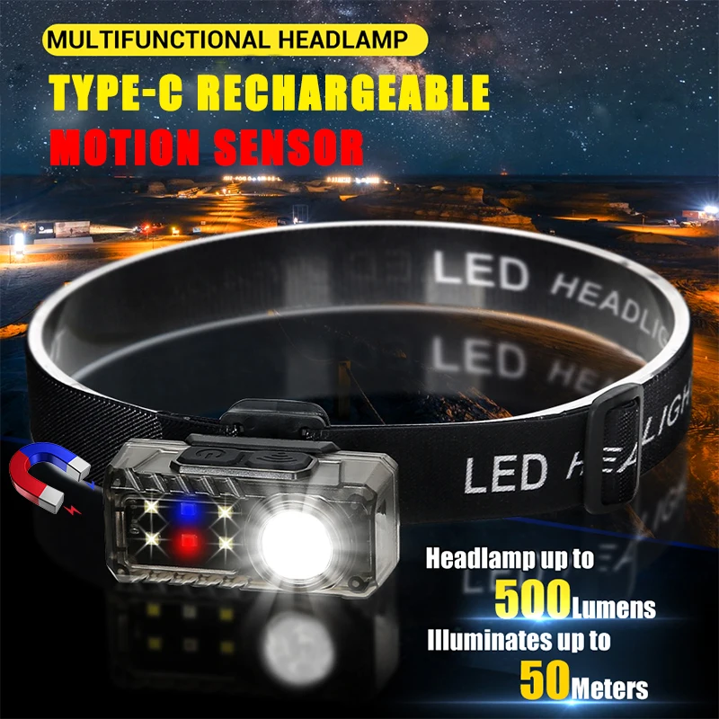 

Strong Light Type-c Rechargeable COB Headlamp Sensor LED Head Flashlight with Tail Magnet Camping Fishing Portable Headlights