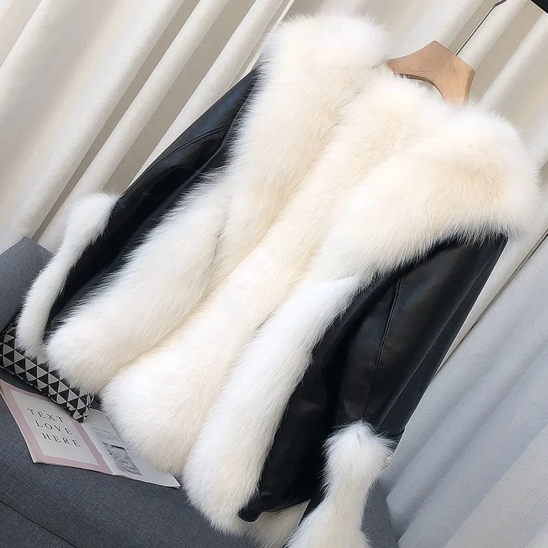 2023 New Whole Leather Imitation Fox Fur Color Contrast Fur Coat for Women\'s Short New Color Contrast Down Coat