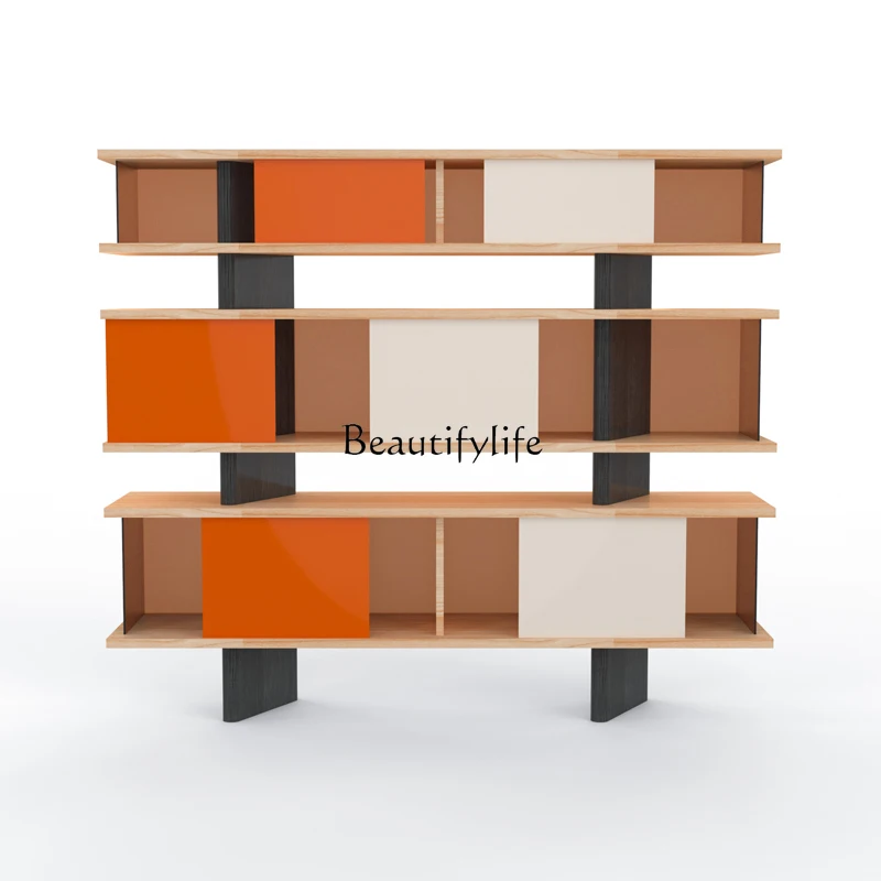 

Living room floor combination bookcase storage solid wood household storage cabinet integrated against the wall