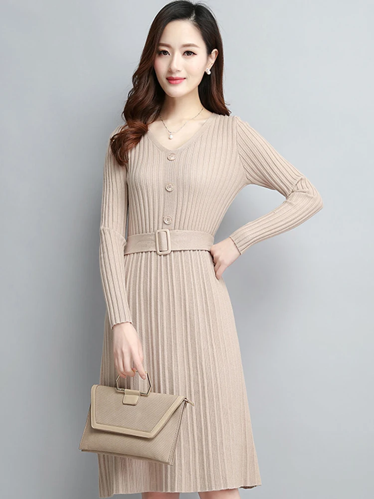 

Elegant V-neck Single-breasted Women Thicken Sweater Dress 2023 Autumn Winter Knitted Belted Female A-line Soft Dresses