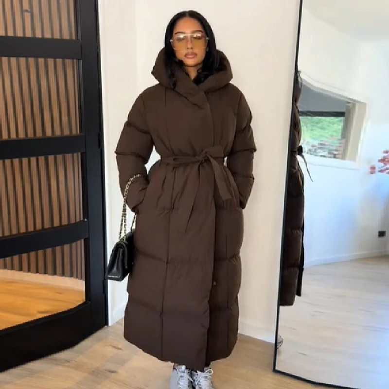 Women Hooded Long Puffer Coat Belted Waist Wrap Front Quilted Loose Fit Long Warm Jacket Winter Casual Daily Ladies Outerwear