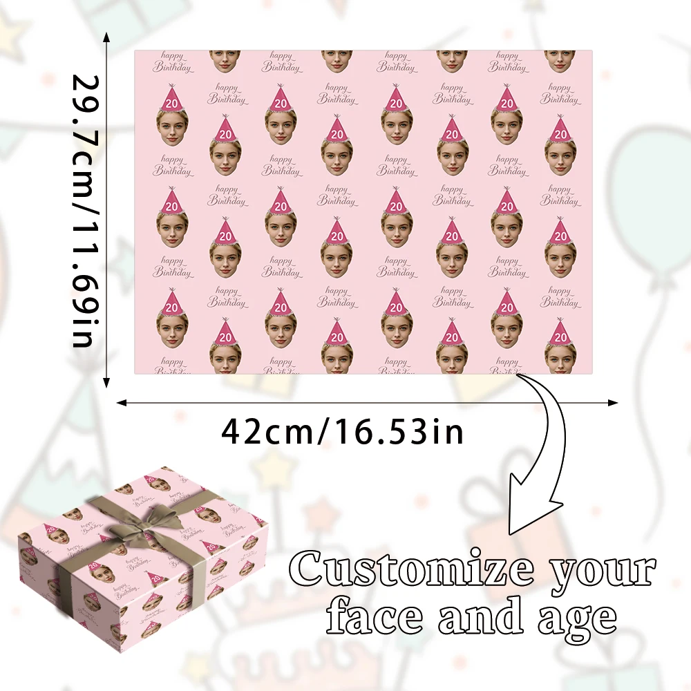 3pcs Custom Face Birthday Hat Wrapping Paper, Repeat Portrait Print Gift Wrap for Girls Kids Birthday Present Packaging