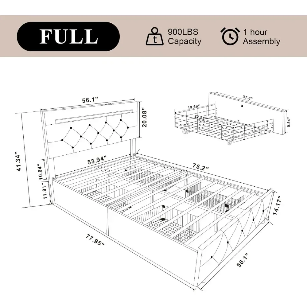 Bed Frame with 4 Drawers and LED Light, Charge Station, PU Leather Upholstered Platform Storage Bed with Adjustable Headboard