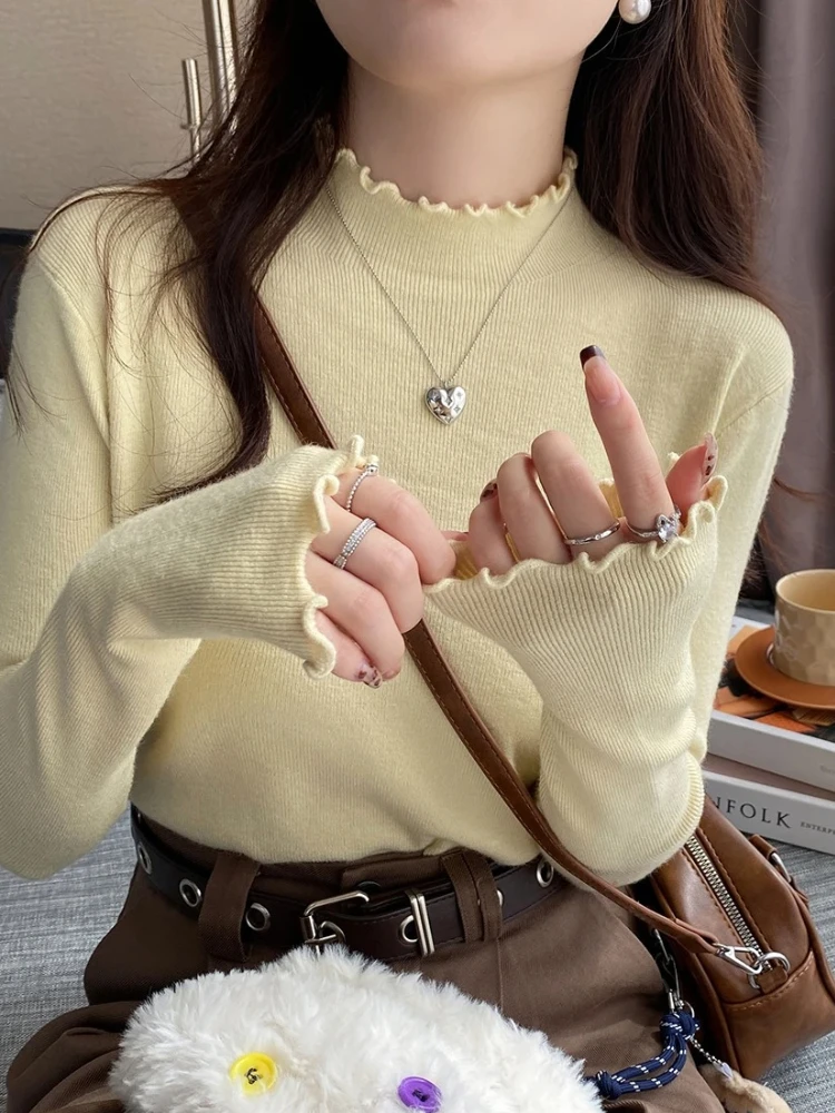 

Zjaiss осенне-зимний свитер, высококачественный мягкий свитер с воротником, пуловеры с оборками, женский тонкий базовый женский свитер 2025 года, джемпер