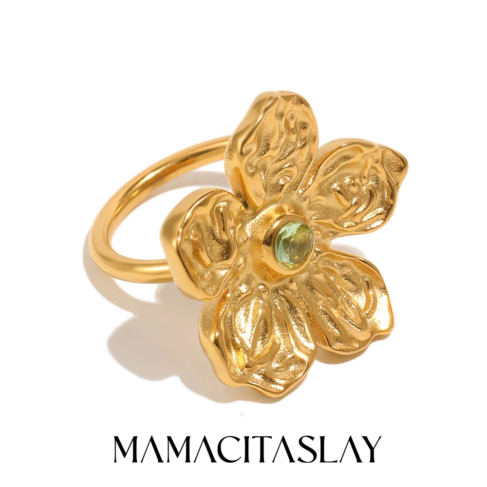 MamacitaSlay 316L Edelstahl Vintage Strukturierter Blumen-Zirkonring 18K Vergoldet Wasserfester Schmuck für Urlaubskleidung
