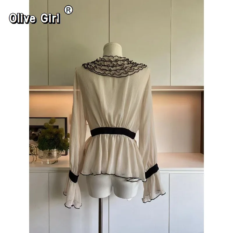 Olivegirl Women's Shirt Blouse V-neck Ruffled Chiffon Exquisite Elegant Retro Apricot Colored Women' Top