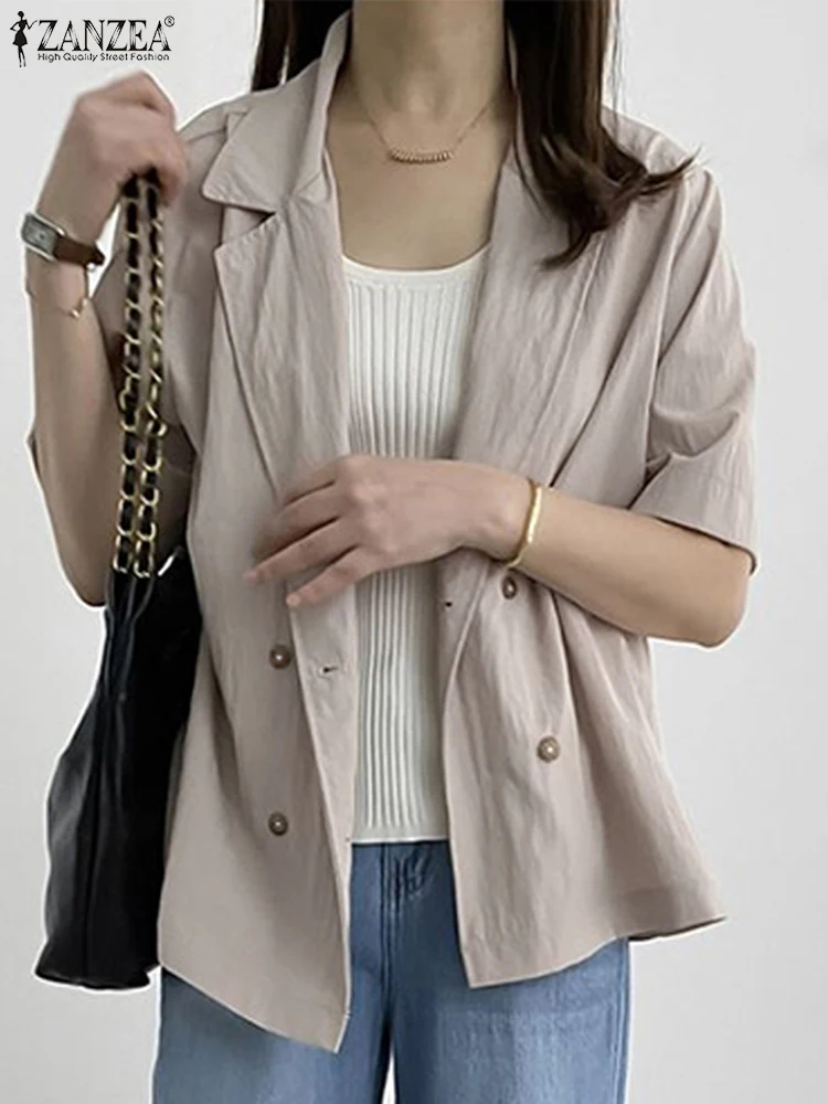 

ZANZEA 2022, женский элегантный офисный женский пиджак, костюм с воротником, однотонные рубашки, модные повседневные рубашки с коротким рукавом, корейское пальто, верхняя одежда