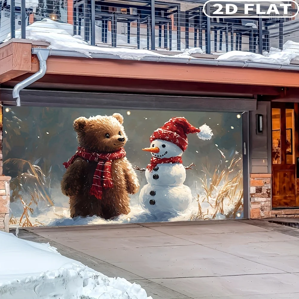 1pc Large Christmas 2D Garage Door Banner - Snowman & Bear Design, Xmas Festive Backdrops & Banners Durable Polyester, 157x71 In