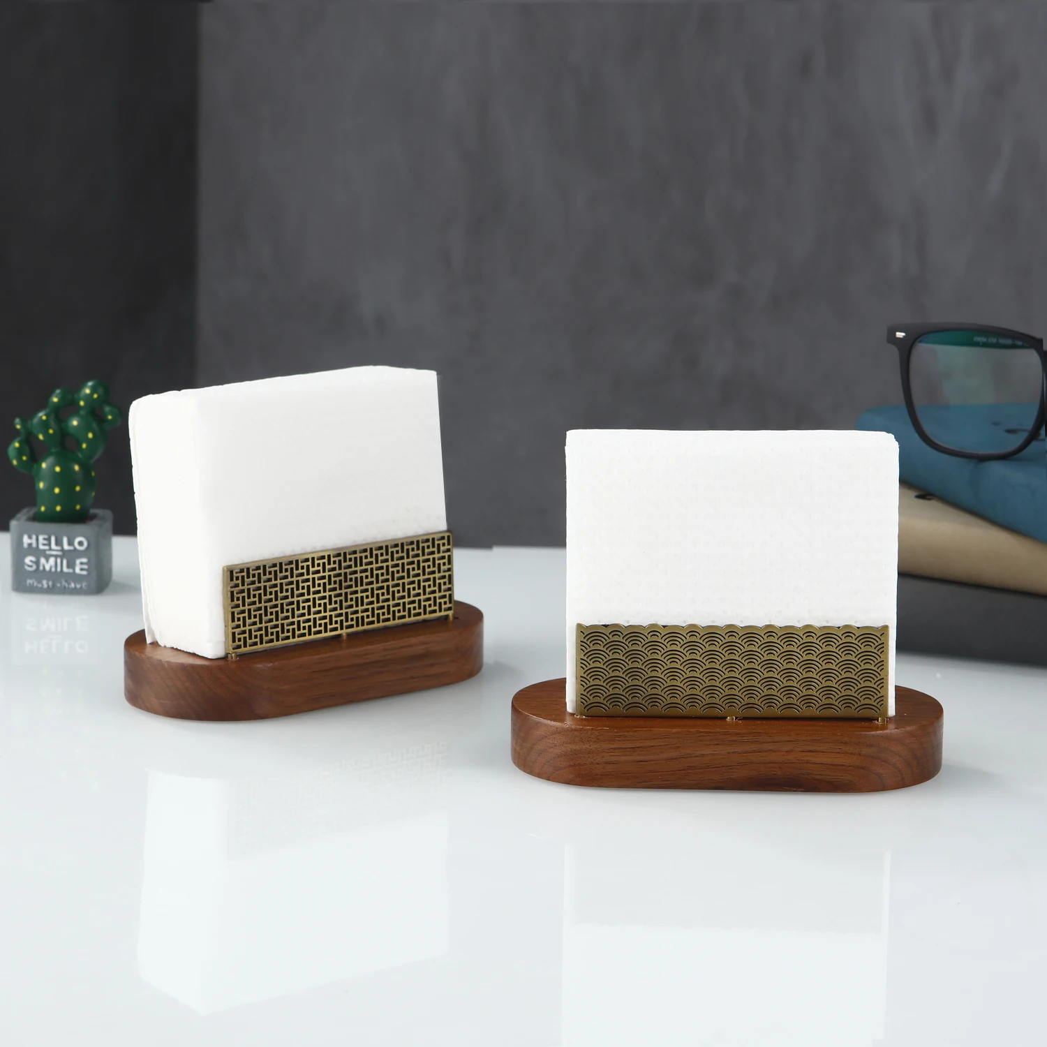 Wooden Tissue Paper Holder Brass Napkin Holder Tableware Tissue Box Storage Desktop Organizer Tableware Supplie