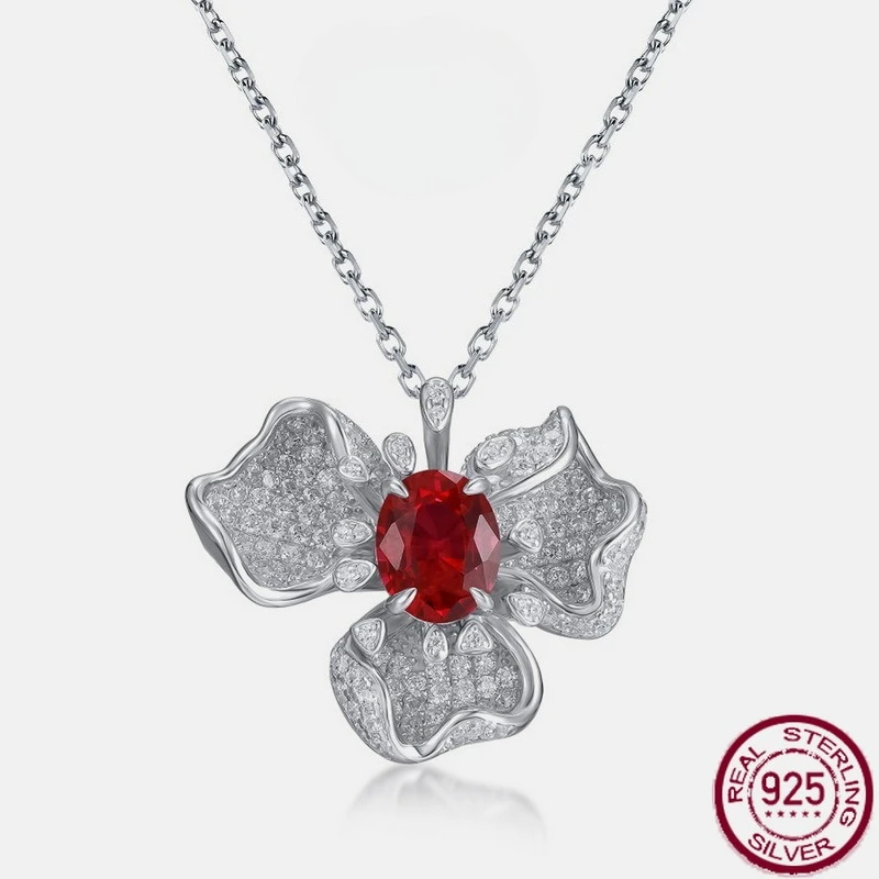 

New S925 pure silver red and blue gemstone flower pendant, fashionable and luxurious European and American style wedding jewelry