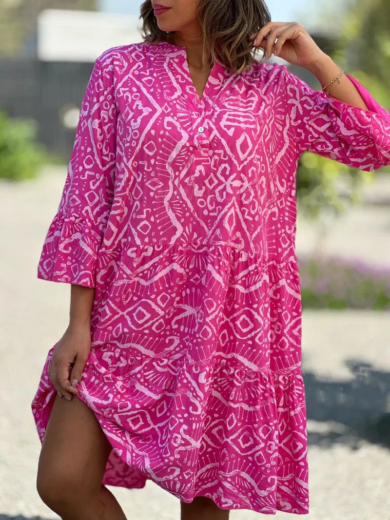 Summer Women's Loose Dress V-neck Button Pullover Flared Sleeve Vacation Fashion Casual Splicing Elegant Beach Midi Skirt