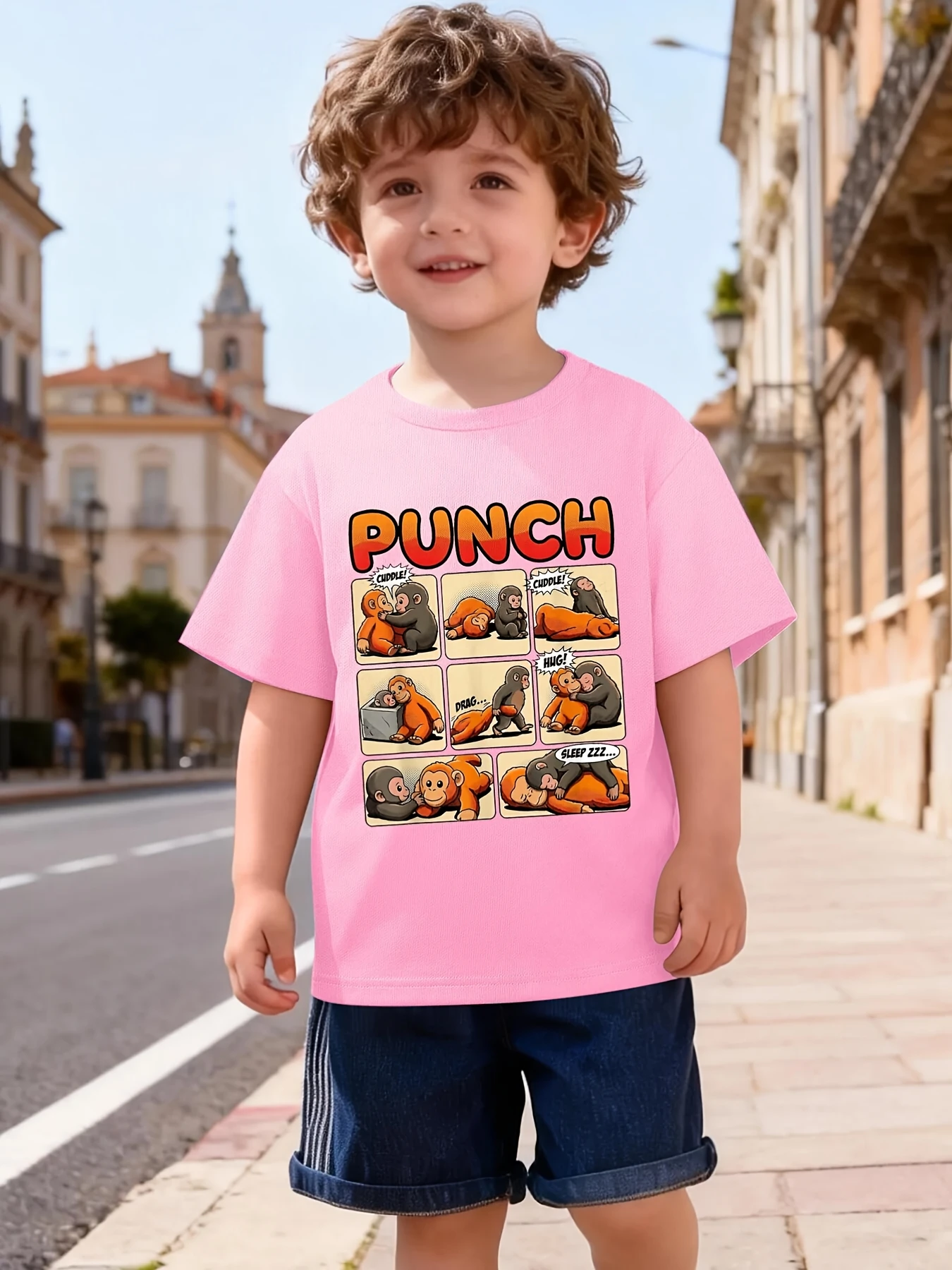 Cartoon Monkey Comic Grid Punch Letter Graphic Print T Shirt Family Matching Boys Girls Kids Short Sleeve Daily Tees
