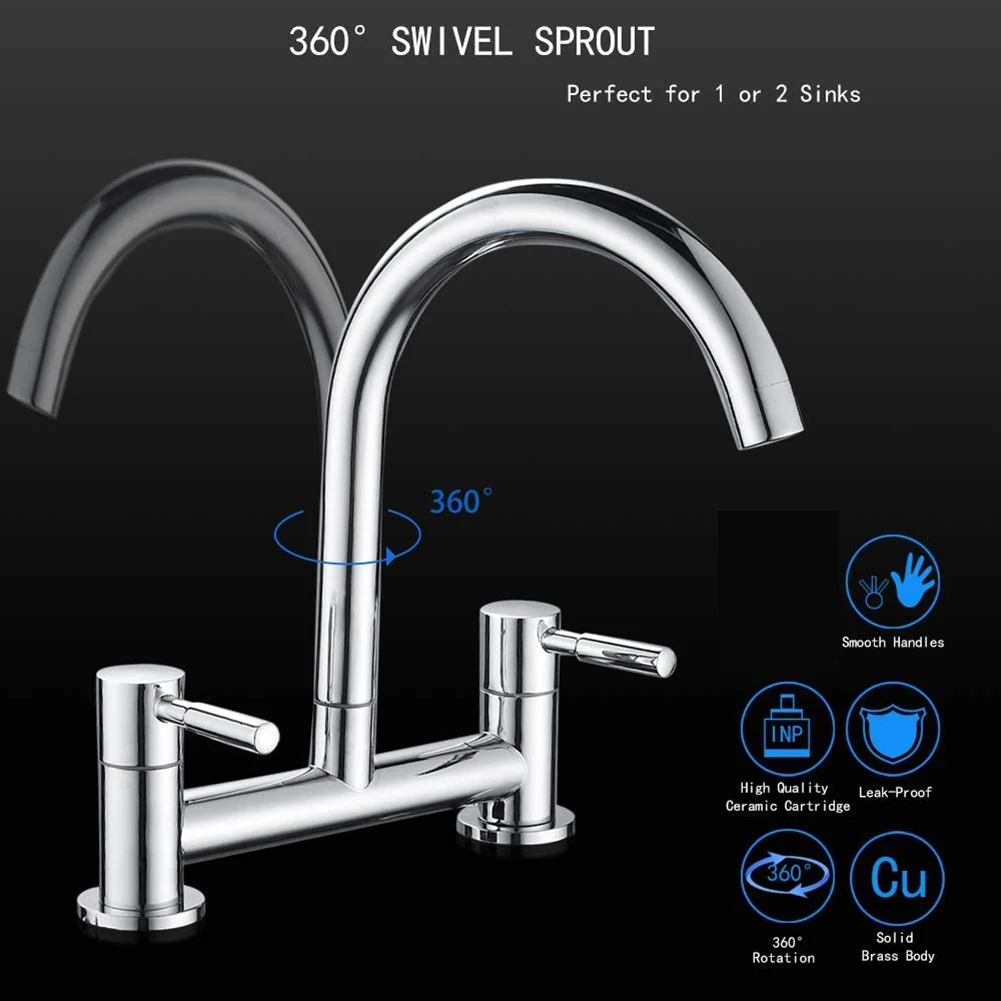 ABJI-Kitchen Sink Mixer Tap,2 Hole Kitchen Mixer Tap,Dual Lever Bridge Faucet ,180Mm Centres Deck Mounted,1/4 Turn,Swivel