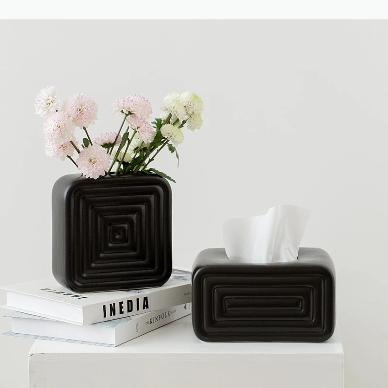 Ceramic Vase Geometric Stripes Tissue Box Desktop Storage Container Flower Vase Home Decoration Accessories