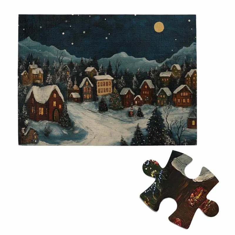 大人向けジグソーパズル 500ピース - 雪に覆われたクリスマスの村、月明かりの夜のクリスマス柄ジグソーパズル、魅力的な家族ゲーム