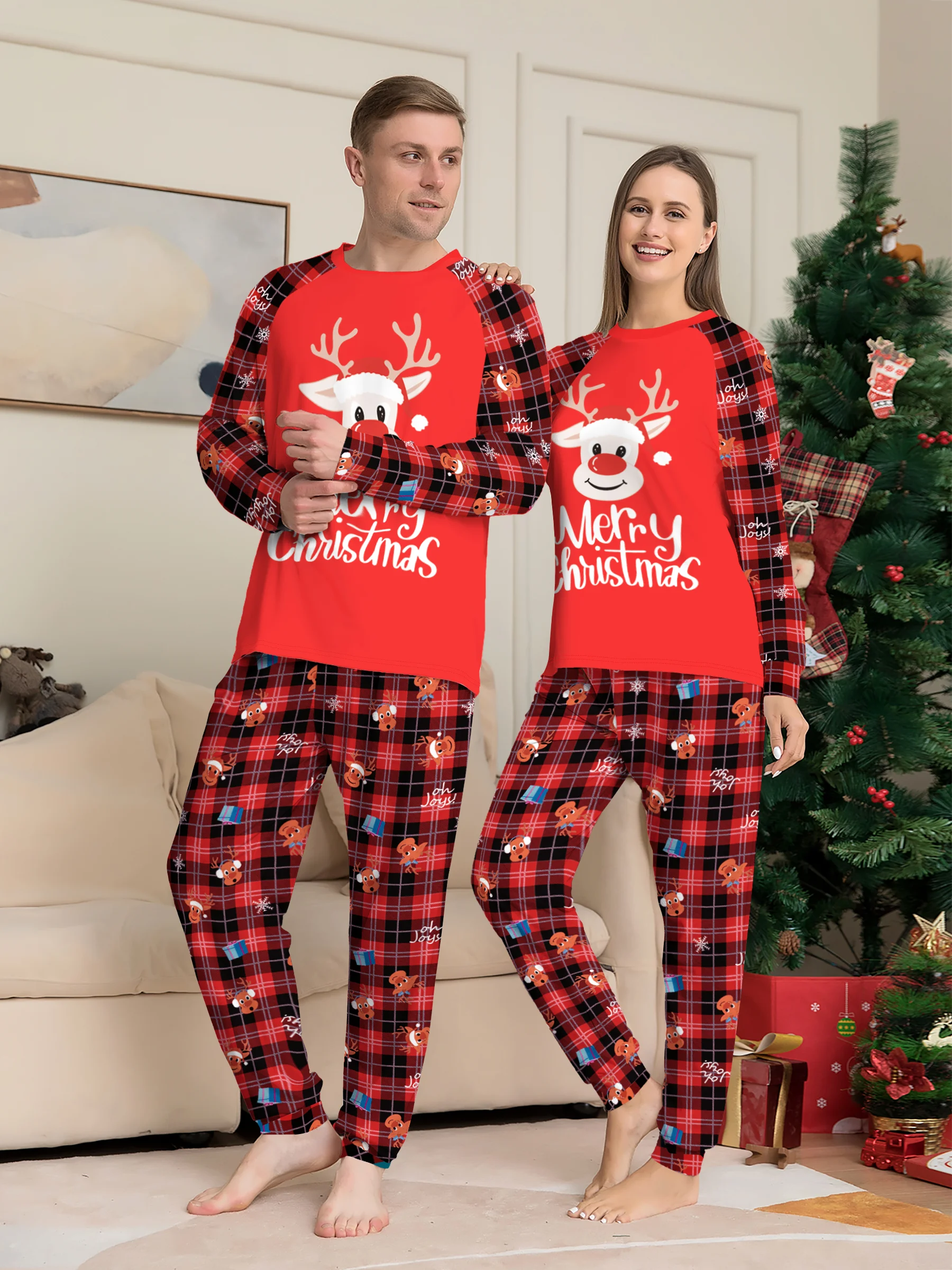 

Christmas Couple Sleepwear Set - Raglan Sleeve Red Reindeer "Merry Christmas" Print & Festive Plaid Pants Pajamas