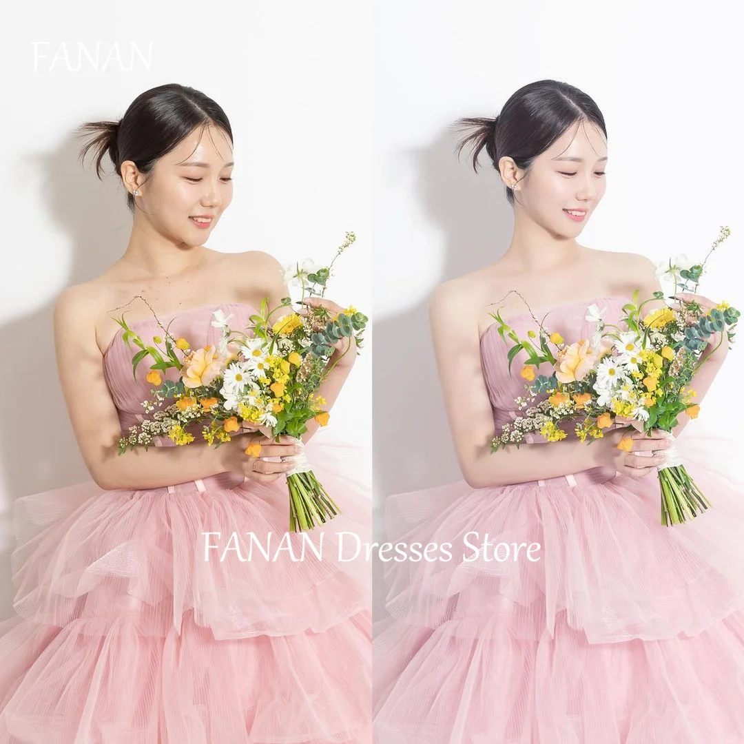 FANAN Strapless Sleeveless Tulle Evening Party Dresses Pink Tiered  Korea Corset Wedding Women Formal Gowns Event Prom Gowns