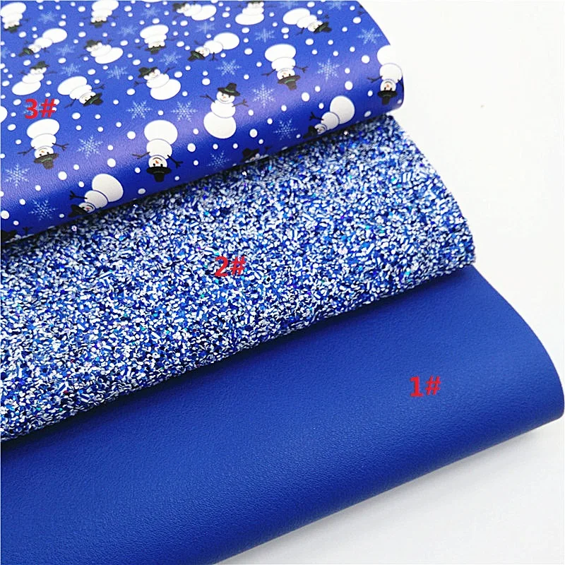 Set in ecopelle blu strisce personalizzate in pelle glitterata pupazzi di neve regalo di natale in ecopelle stampata per fiocchi fai da te Craft W282