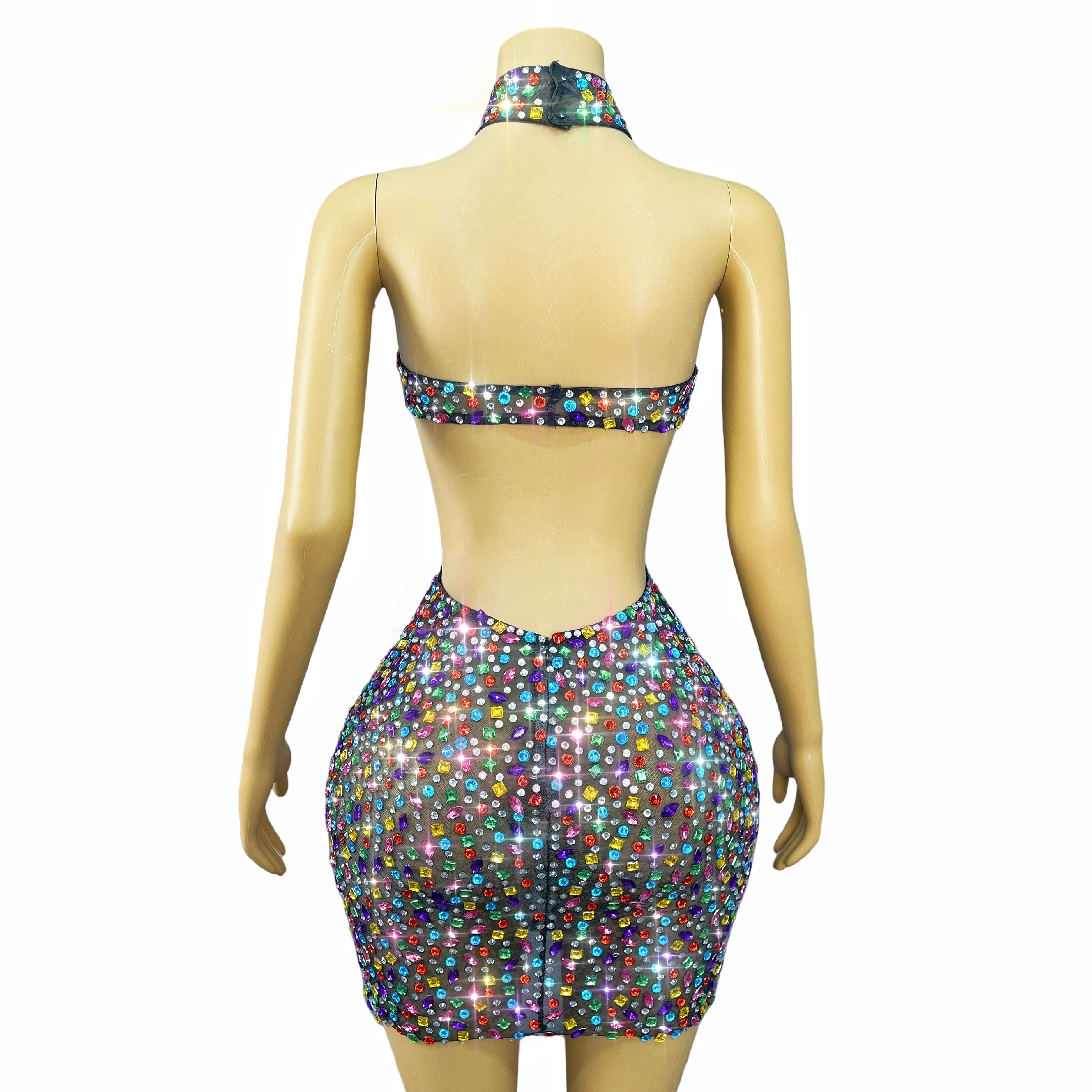 Luxe Blingbling Kleurrijke Steentjes Sexy uitgehold Backless Mesh Jurk Vrouwen Party Vieren Modeshow Outfit Nihongdeng