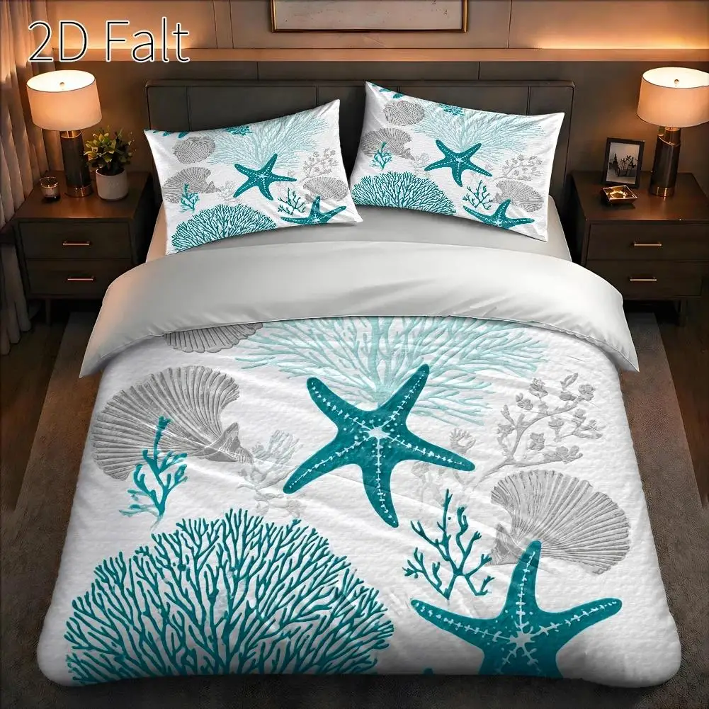 3-Piece Quilt Cover Set, 1 Quilt Cover + 2 Pillowcases (Without Filling), Starfish, Coral, and Shell Pattern, Watercolor Art Style, Spring and Summer Season, Home Bedding Set, Large Size Quilt Cover Set, Suitable for All Seasons, Machine Washable, Invisible Zipper, Suitable for Home, Dormitory, Master Bedroom, Guest Room Use