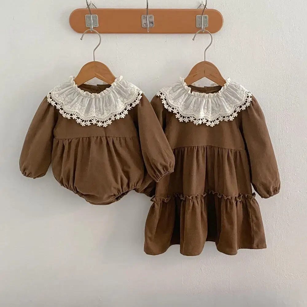 

2025 Spring Newborn Infant Baby Girls Romper Long Sleeves Bodysuit Solid Baby Cotton Onesie Kids Dress Family Sisters Clothes