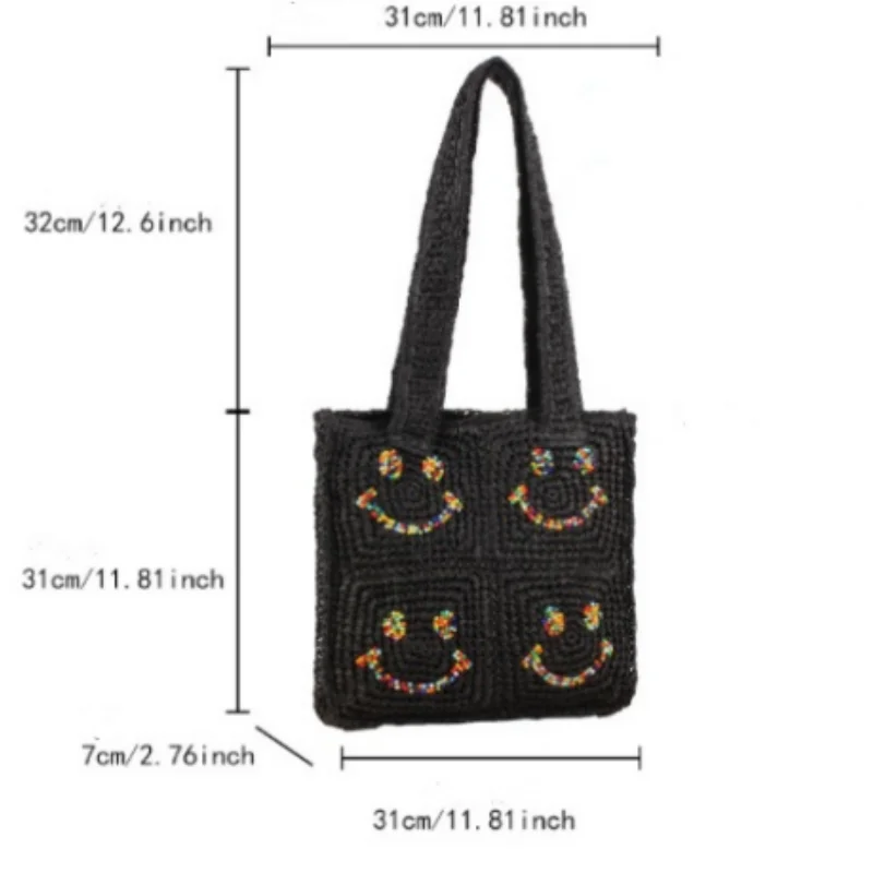 New Arrival Women Bohemian Knitting Handmade Weave Shoulder Bag Fashion Casual Colorful Smiling Face Pattern Versatile Handbags