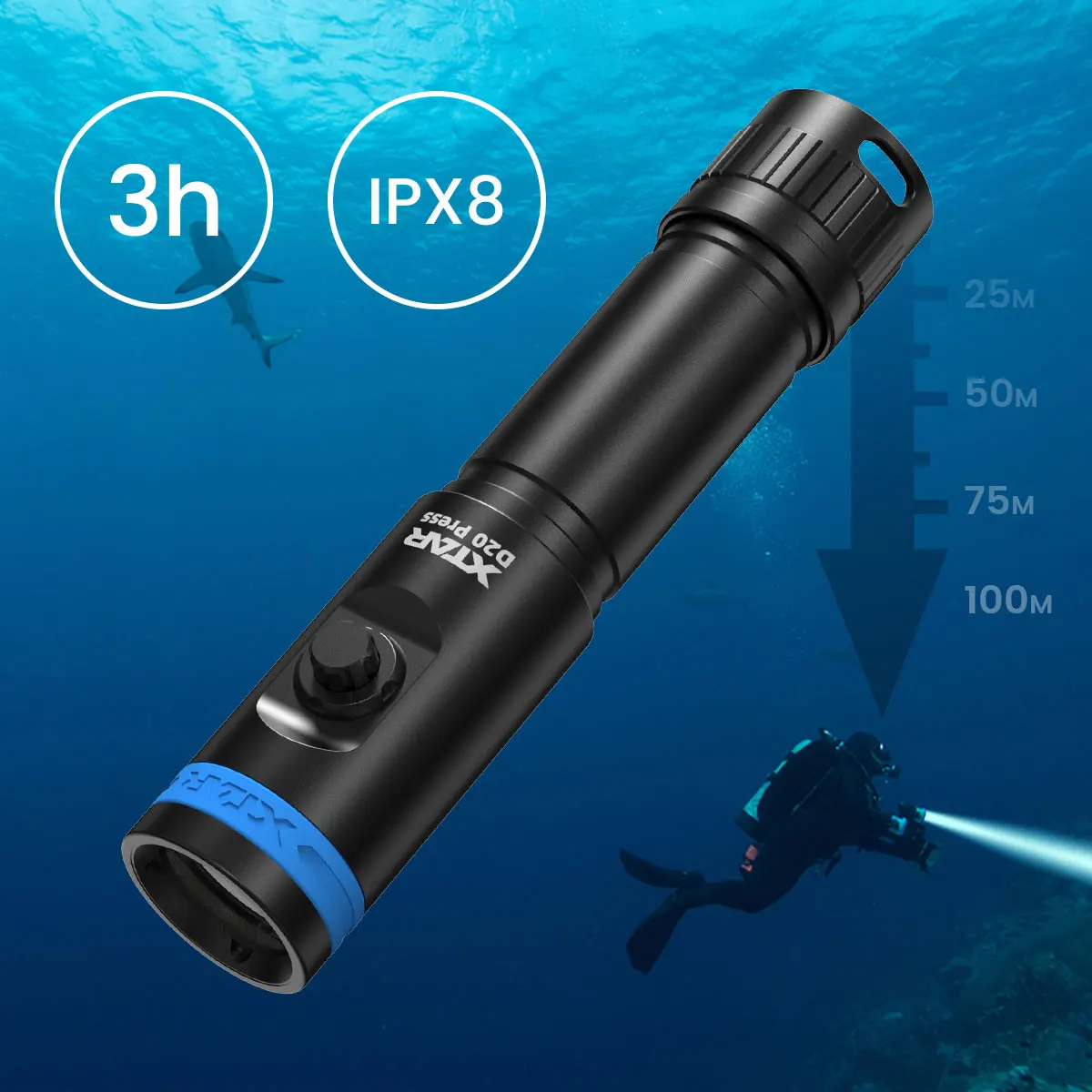 XTAR D20press diving torch portable high power 1200lumen waterproof LED flashlight with 18650 3500mah rechargeble battery