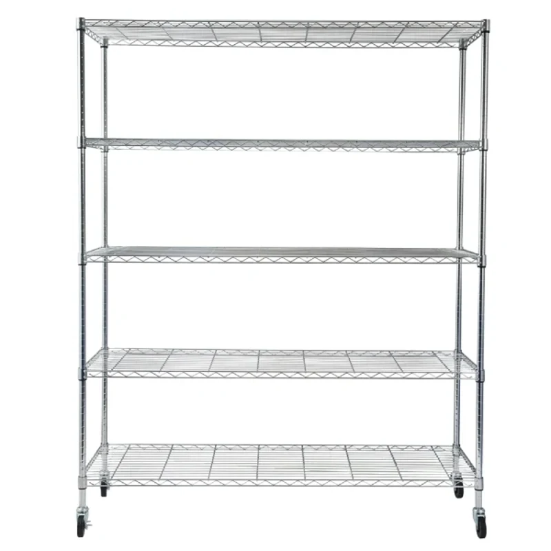 5-storey Steel Wire Frame with Wheels Solid Wood Bookshelf Shoe Rack Living Room Kitchen Forged Iron Storage Display Rack