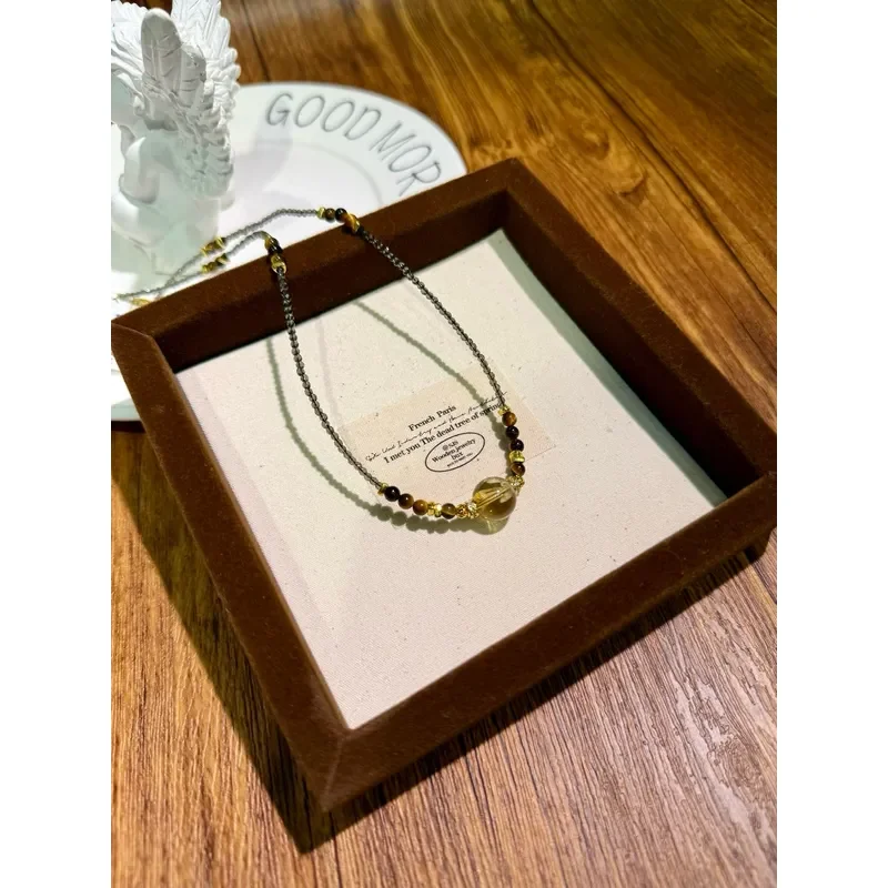 Citrine spinel tiger's eye necklace New Chinese retro niche Maillard style tiger's eye collarbone chain