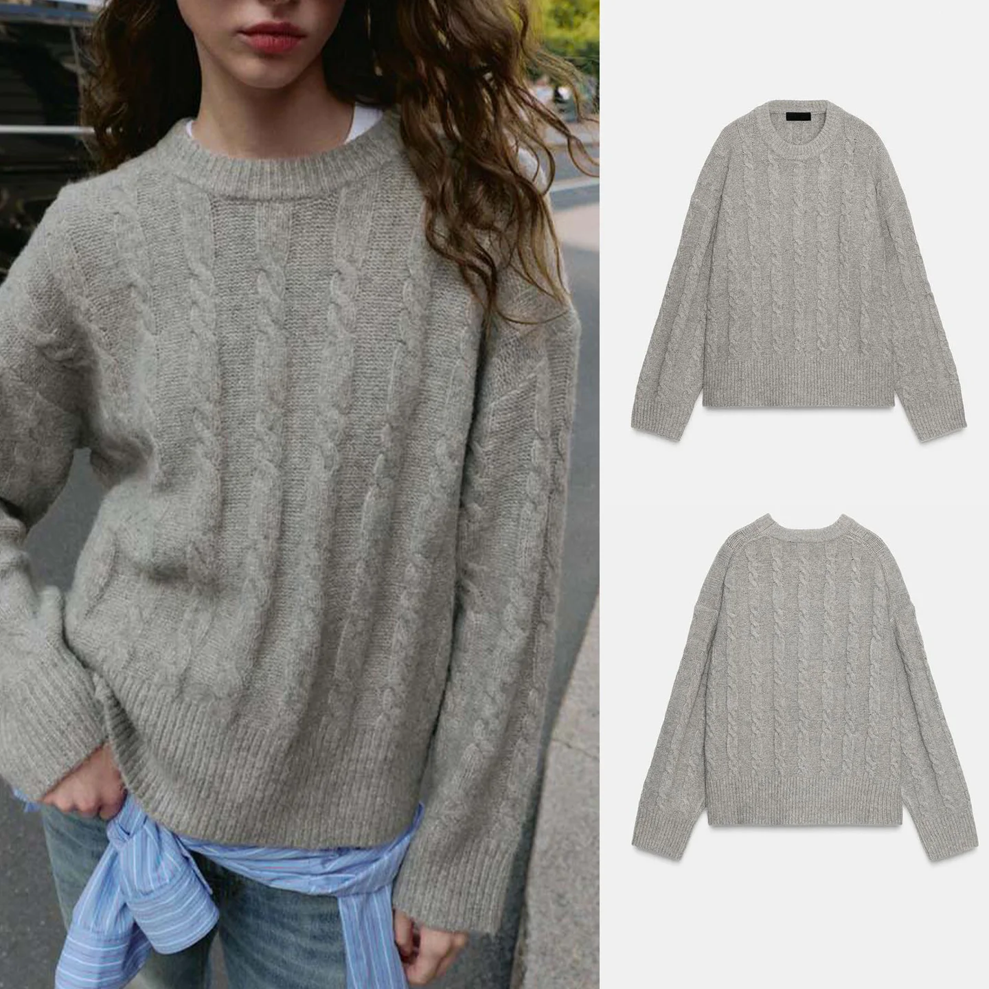 

Autumn Winter New Women's Lazy Sle round Ne Long Sve Soft Cable Knitwear Top Casual Loose Fit Polyester Fiber