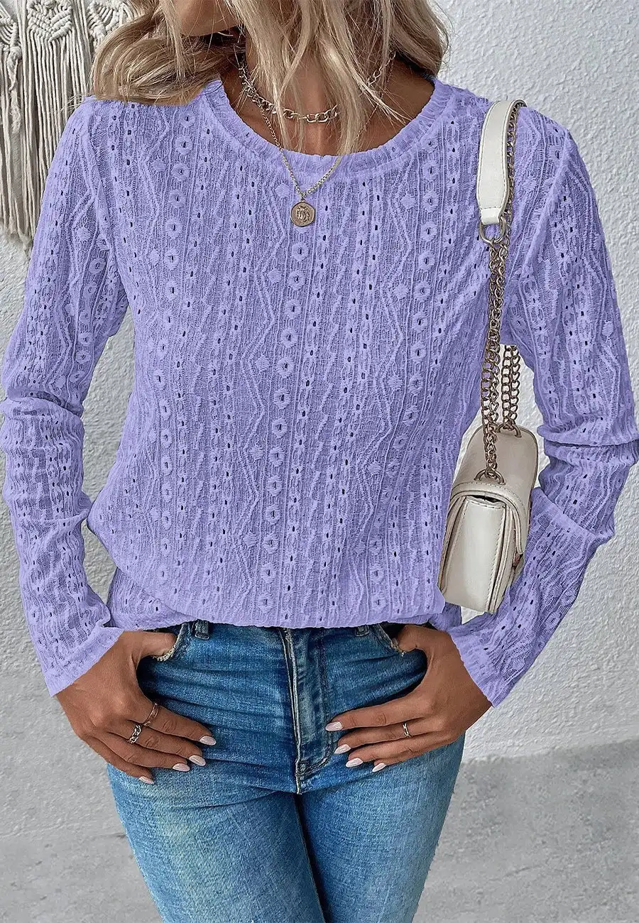 Round Neck Eyelet Detail Sweater Long Sleeved Fashion Fall Pullover Top Solid Color Trendy Chic Lady Clothes