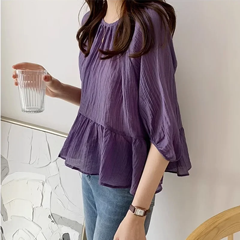 New Summer Loose Women\'s Blouse Silk Korean Sweet Shirt Women 2024 O-Neck Ruffled Pleated Top Short Sleeve Female Clothing 15371