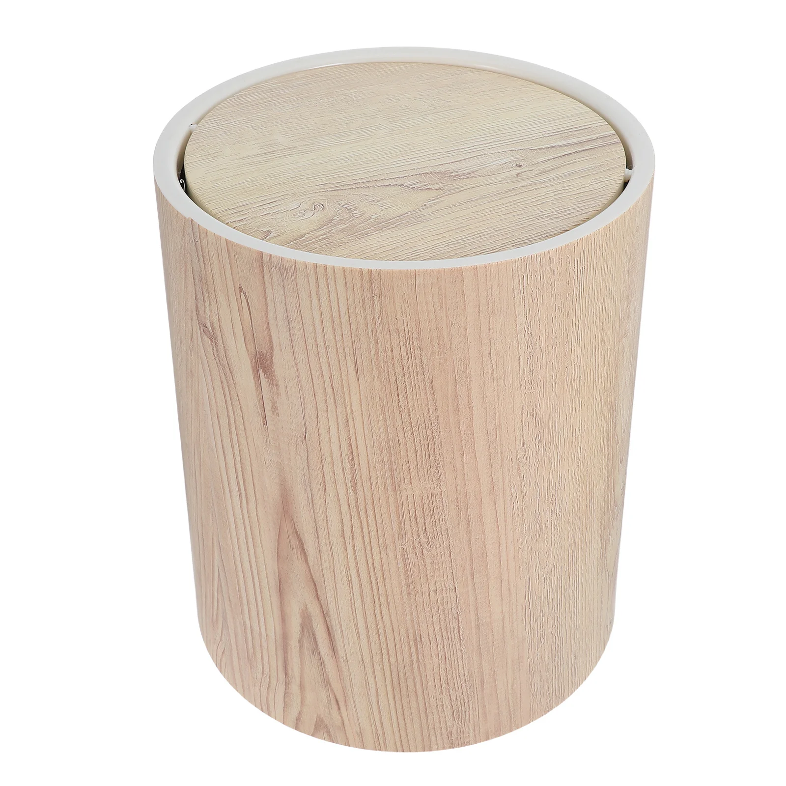 

Wood Grain Vintage Style Waste Bin Retro Flip Lid Compact Round Garbage Basket Space-Saving Trash Can for Bathroom Bedroom