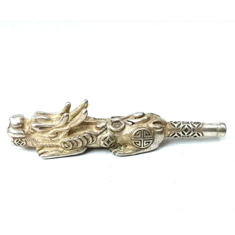 

YIZHU CULTUER ART Length 4.2 inch Collection Old Chinese Tibet Silver Carving Kylin Dragon Head Tobacco Pipe Gift