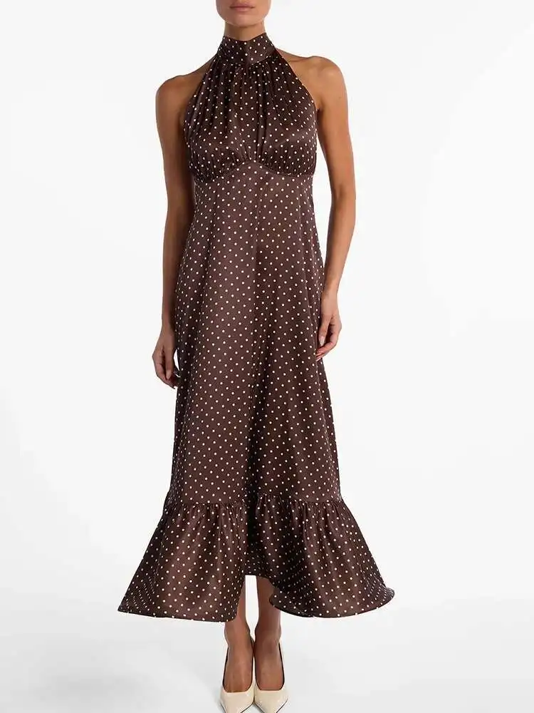 Fantoye Satin Print Polka Dot Halter Women Maxi Dress White Sexy Backless Bandage Dress Summer Slim Elegant Party Evening Dress