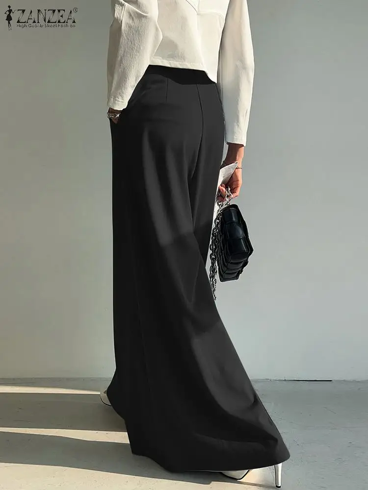 ZANZEA Fashion Women OL Wide Leg Trousers Autumn High Waist Casual Loose Pants Elegant Solid Office Work Long Pantalon Palazzo