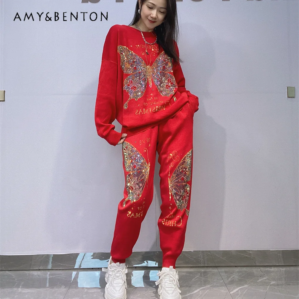 

Autumn New O-Neck Pullover Long Sleeves Long Trousers Rhinestone Knitted Sweater 2-Pieces Set Women's Casual Jogger Pants Outfit