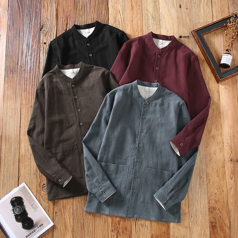 National Style Shirts For Men Long Sleeved Ramie 70% &Cotton 30% Spring Quality Breathable Solid Color Pockets Camisas De Hombre