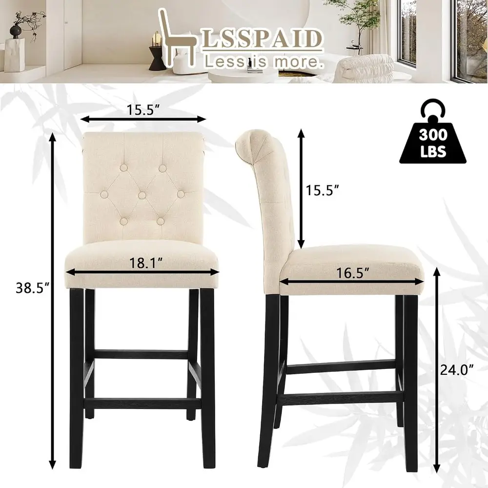 Bar Stools Set o 4, 24 Inch Counter Height Chairs, Upholstered abric Padded Kitchen Island Wood Barstools with Button Tuted Back
