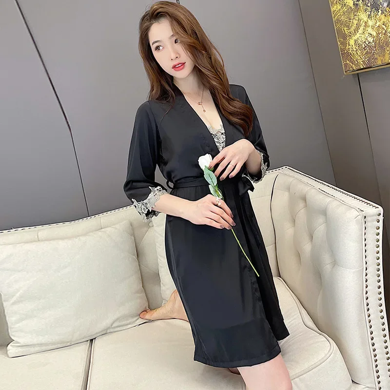 2PCS Sleepwear Women Robe Nightgown Set Sexy Lace Trim Kimono Bathrobe Nighty Gown Suit Casual Summer Satin Loungewear