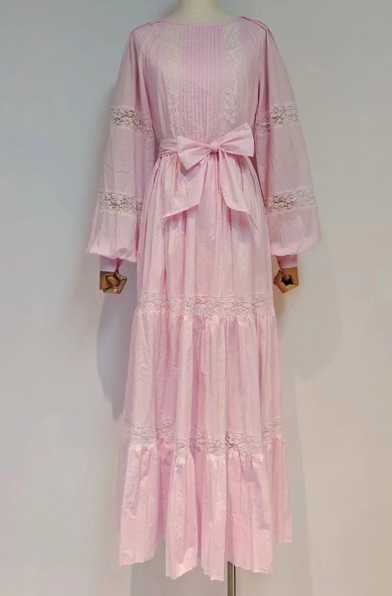 

Blue White Pink Long Dress 2024 Spring High Quality Clothes Women Lace Embroidery Bow Belt Deco Lantern Sleeve Long Maxi Dress