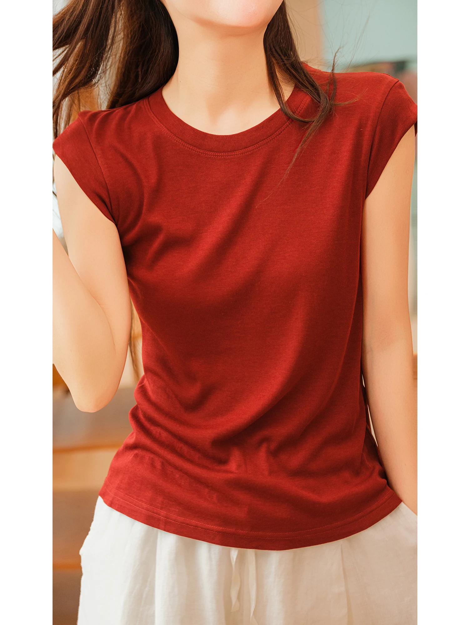 Moon Sleeve T-Shirt Silk  Women's Regular Fit Lightweight round Neck Simple Style Fashionable Slimming Effect