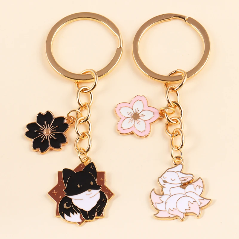 Cute Metal Enamel Cartoon Sakura Fox Pendants Keychain Lovely Anime Charm Key Holder For Women Men Couple Bags Car Key Decor